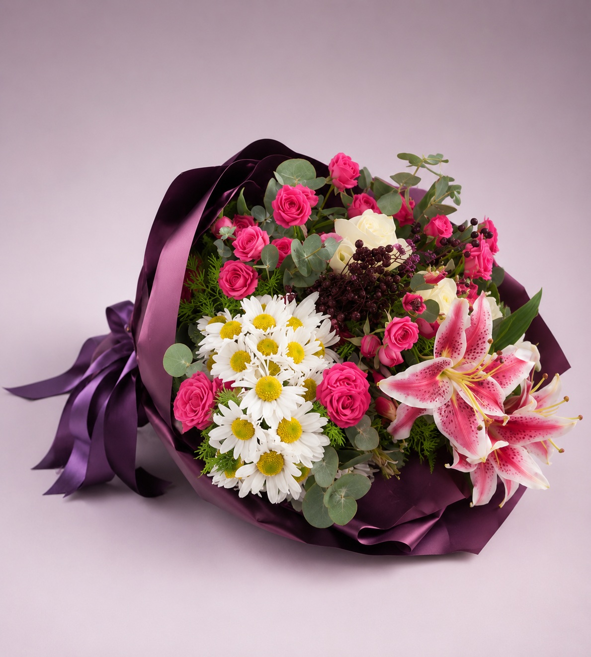 Pembe Güllü Lilyumlu Karışık Çiçek Buketi